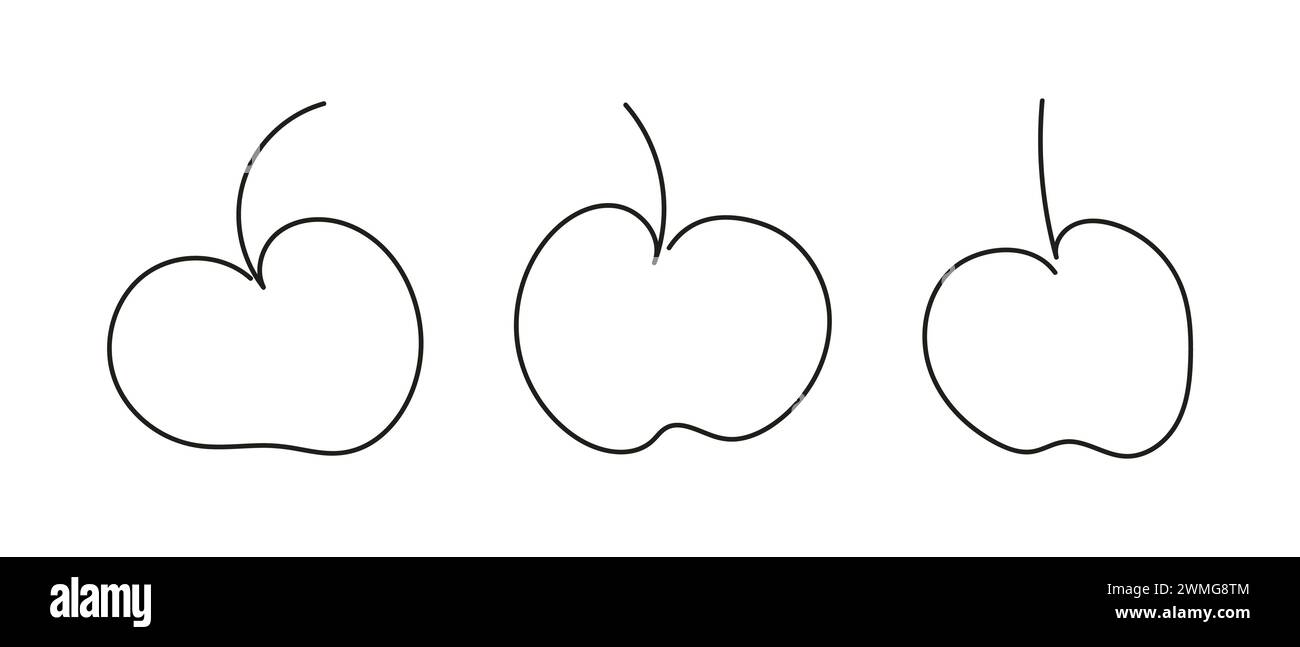 Continuous one line drawing of three apple. Whole fruit. Healthy dessert. Line art. Isolated on white backdrop. Design element for print, greeting, postcard, scrapbooking, coloring book. Set Stock Vector