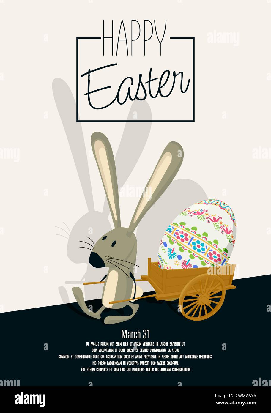 Happy Easter card with cute rabbit character carrying a painted egg in ...