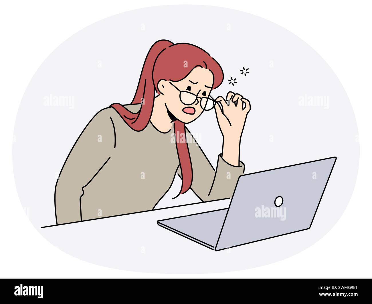 Stunned woman take off glasses look at laptop screen socked with unexpected mail or message. Unhappy woman work on computer surprised with unbelievable news. Vector illustration. Stock Vector
