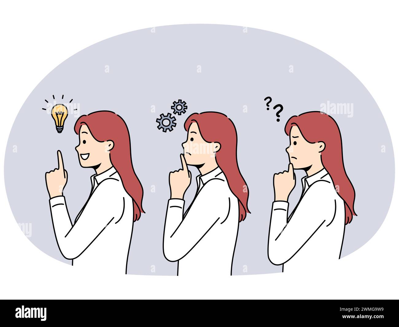 Pensive woman feel confused engaged in thinking process and finding solution to business problem. Concept of solving troubles and brainstorming. Vector illustration. Stock Vector