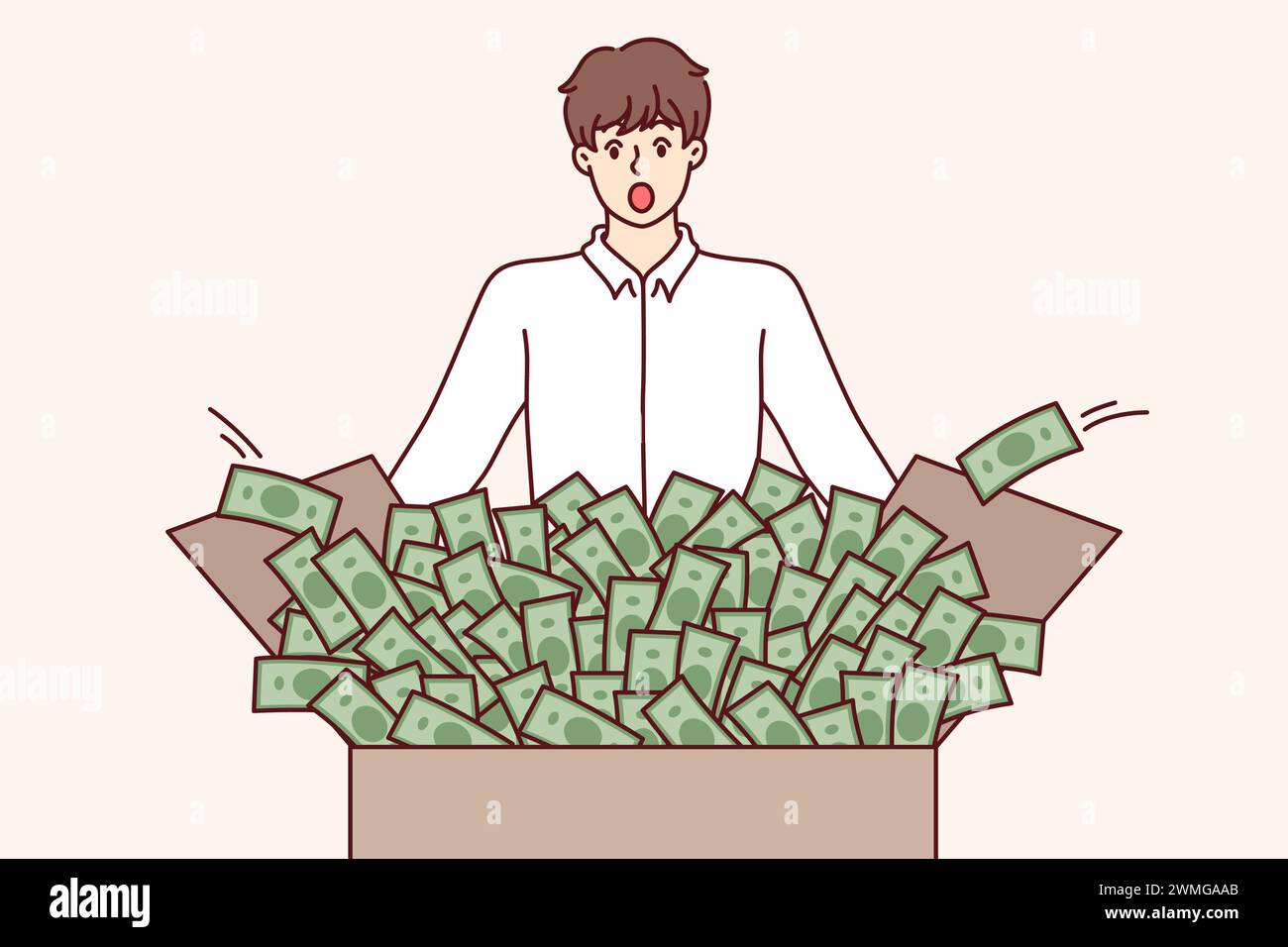 Shocked man looks at box full of money, surprised to get big profit from investing in stock market. Lucky guy won lot of money in national lottery or new betting app for mobile phone Stock Vector