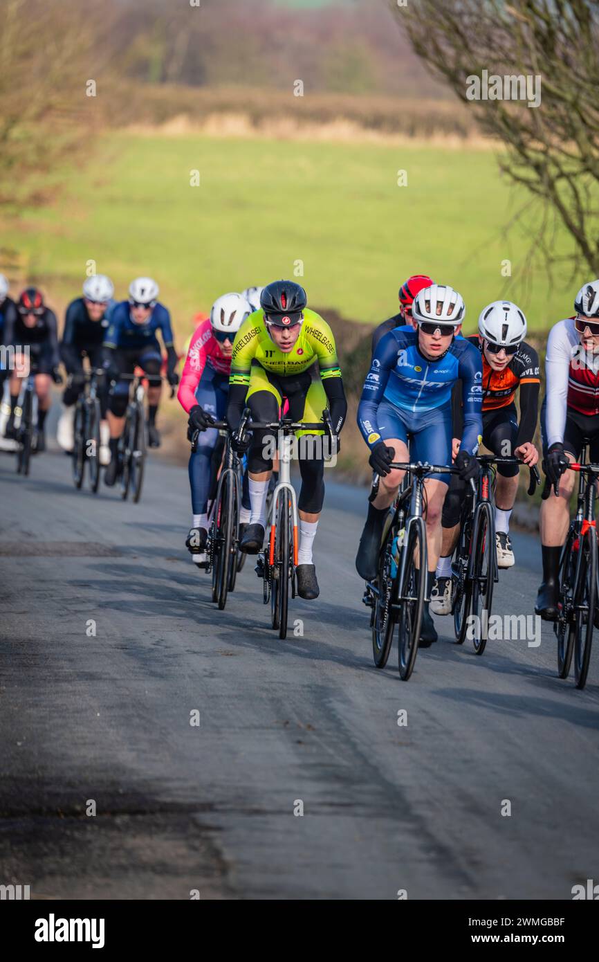 Tom Martin,Flo Yellow jersey,  Wheelbase Cabtech, third place in the British Cycling Clayton Spring Classic held in Clitheroe, Lancashire. Stock Photo