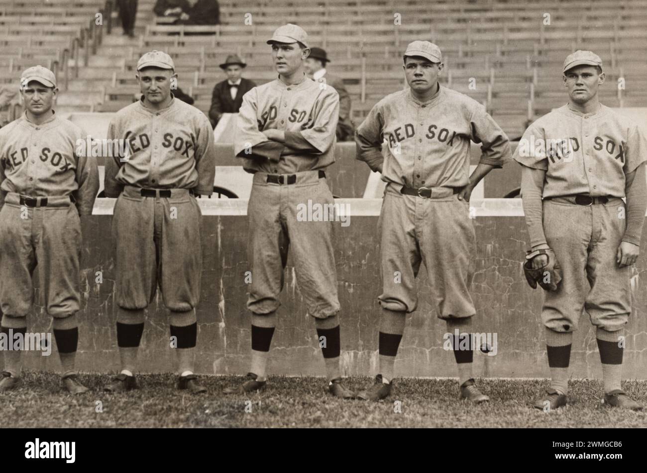 1915. Babe Ruth and other Red Sox Pitchers,  Pictured from L to R  George Foster, Carl William Mays, Ernest Shore, 'Babe' Ruth, Hubert Benjamin Leonard. Stock Photo