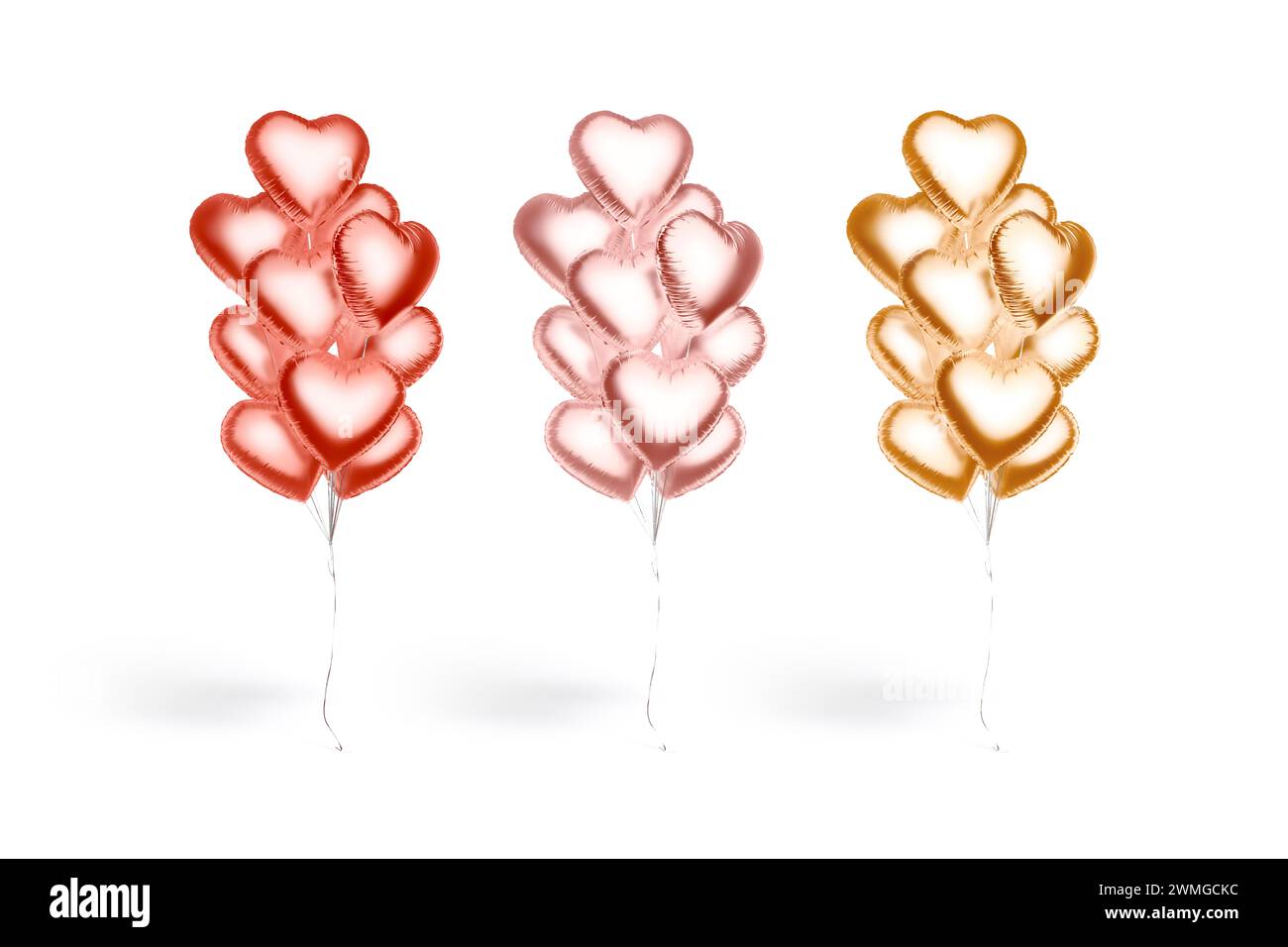 Blank red, pink and gold heart balloon bouquet mockup, isolated, 3d ...