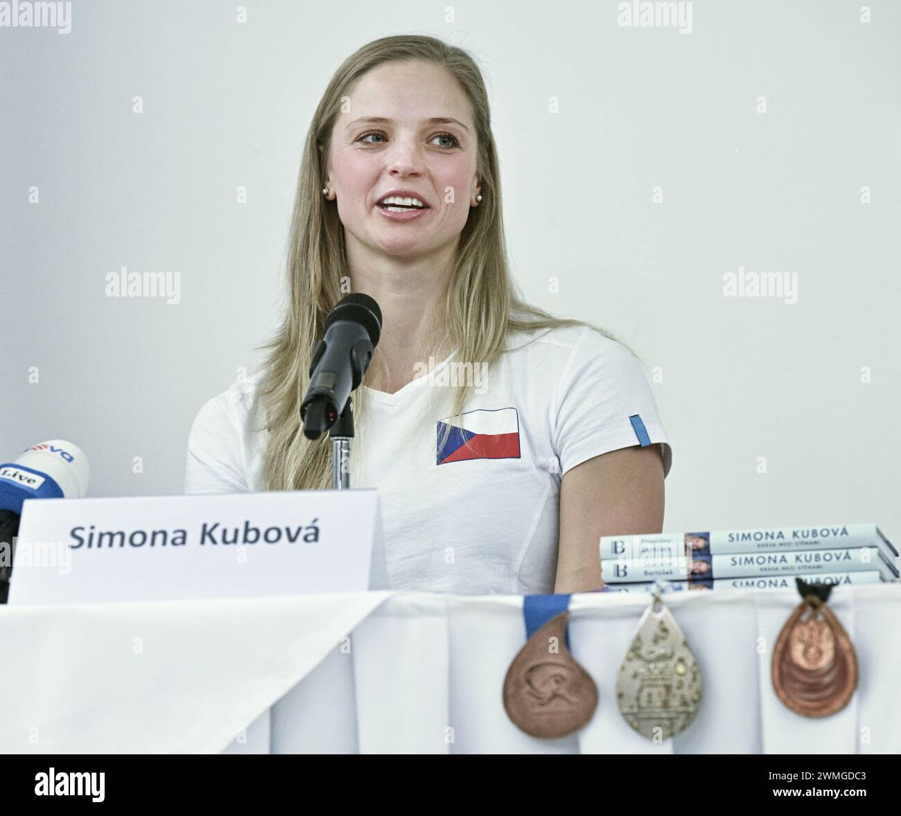 Prague, Czech Republic. 26th Feb, 2024. Czech swimmer Simona Kubova speaks during the press