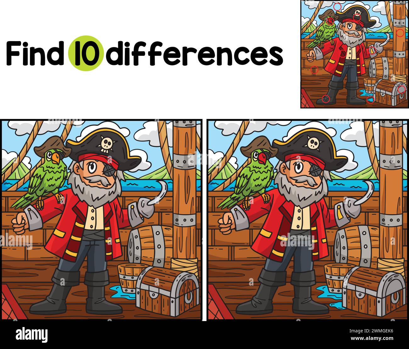 Pirate Captain with Parrot Find The Differences Stock Vector Image ...