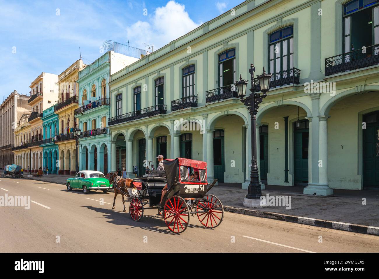 October 28, 2019: colorful colonial architectures on Paseo del Prado, aka El Prado, a promenade in Havana, Cuba near the old city wall, and division b Stock Photo