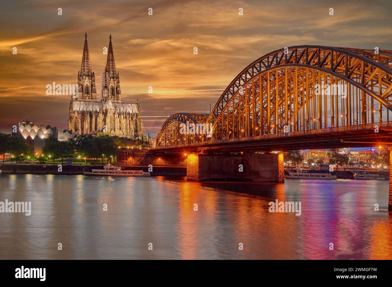 Cologne at Night,Rhine River;Germany Stock Photo