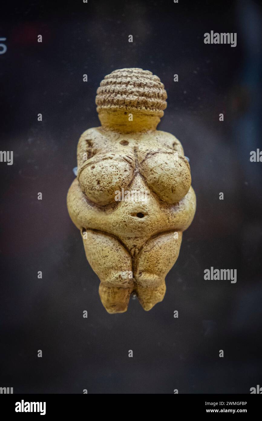 Venus of Willendorf, female limestone figurine, Gravetian Upper Paleolithic, Museo de la evolución humana,  MEH, Burgos , Spain Stock Photo