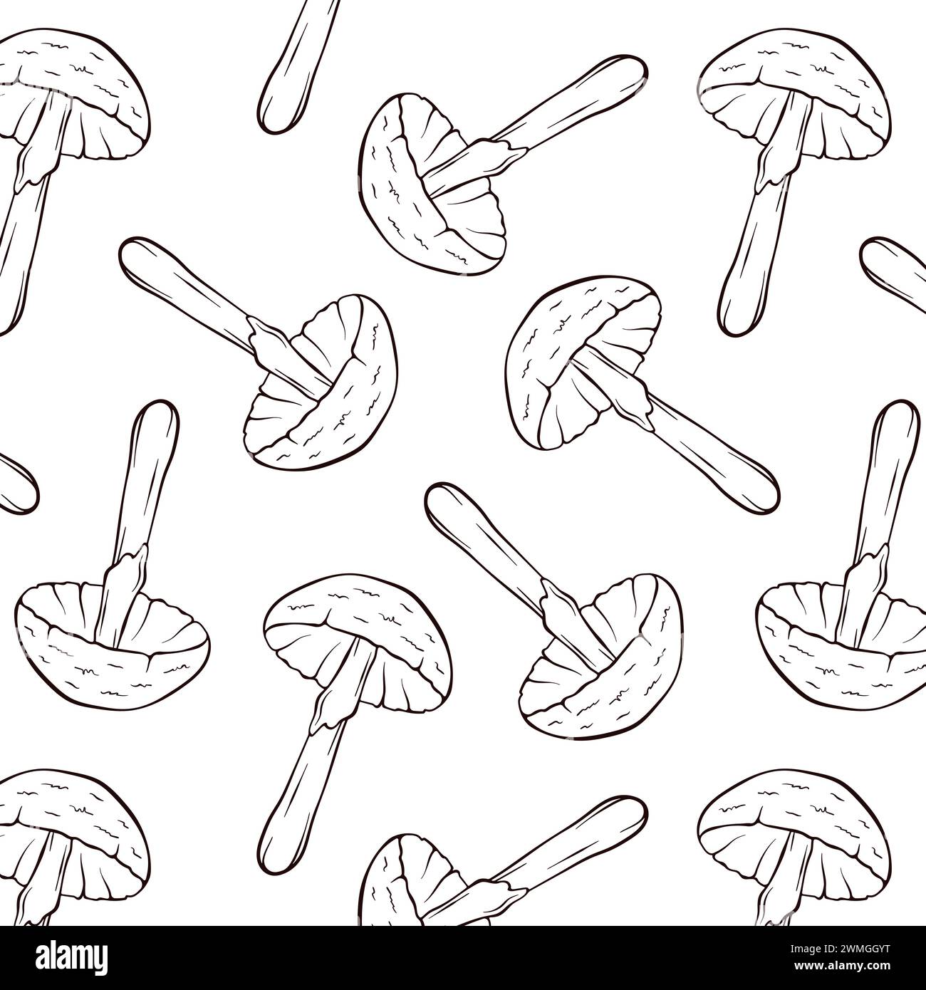 Seamless pattern with Destroying Angel inedible mushrooms in line art style. Design for wrapping paper, wallpaper, textiles. Vector illustration on a Stock Vector