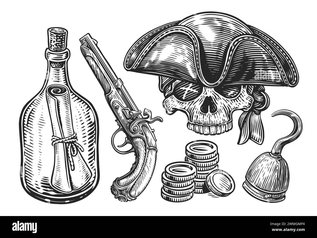 Hand drawn Pirate concept. Sketch vintage vector illustration. Items collection Stock Vector