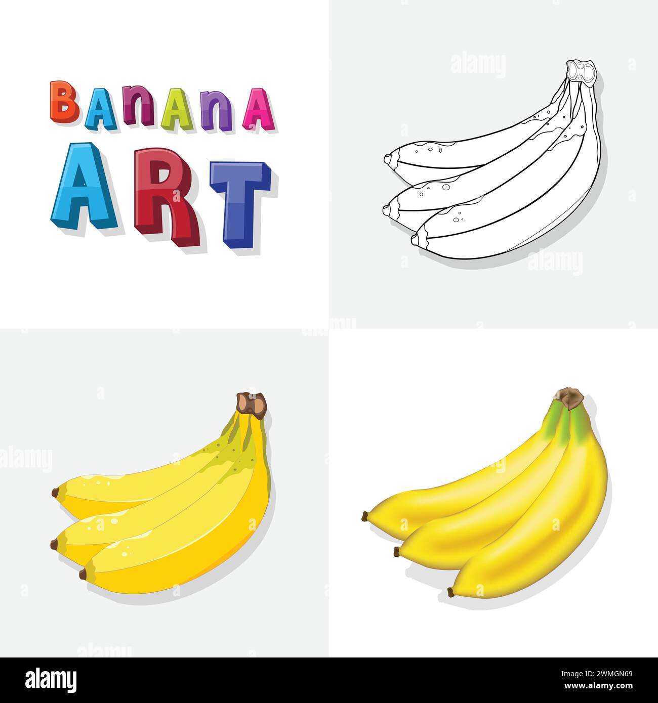 Banana art sketch, colouring page, flat and realistic banana fruit ...