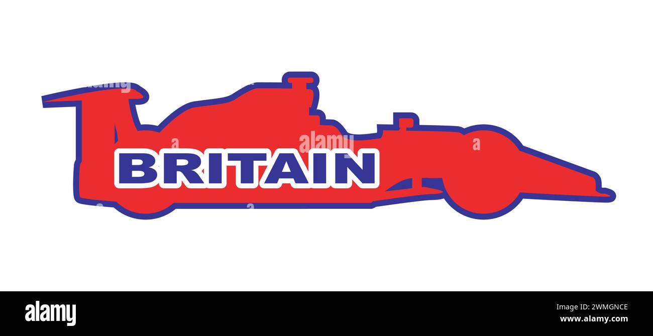 A silhouette of a trpical motor spor racing car on a white background with the text Britain and in the colours of the British national flag and flag i Stock Vector
