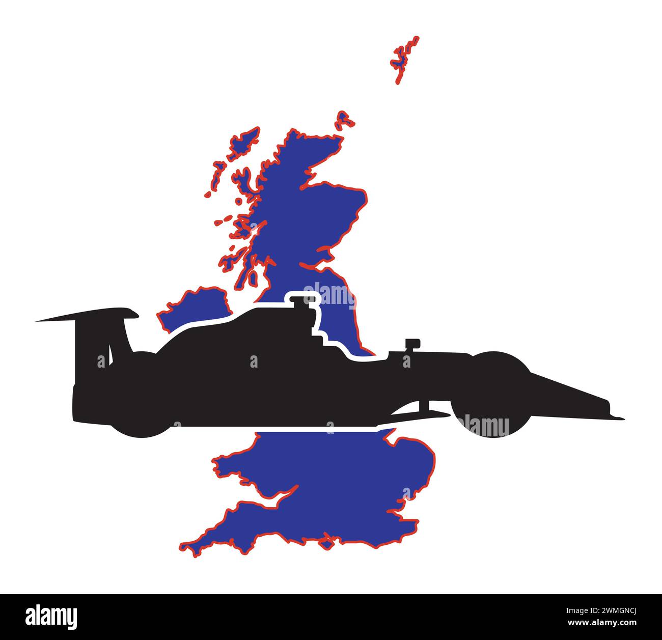 A silhouette map of United Kingdom in the colors of the national flag with a motor sport race car inset Stock Vector