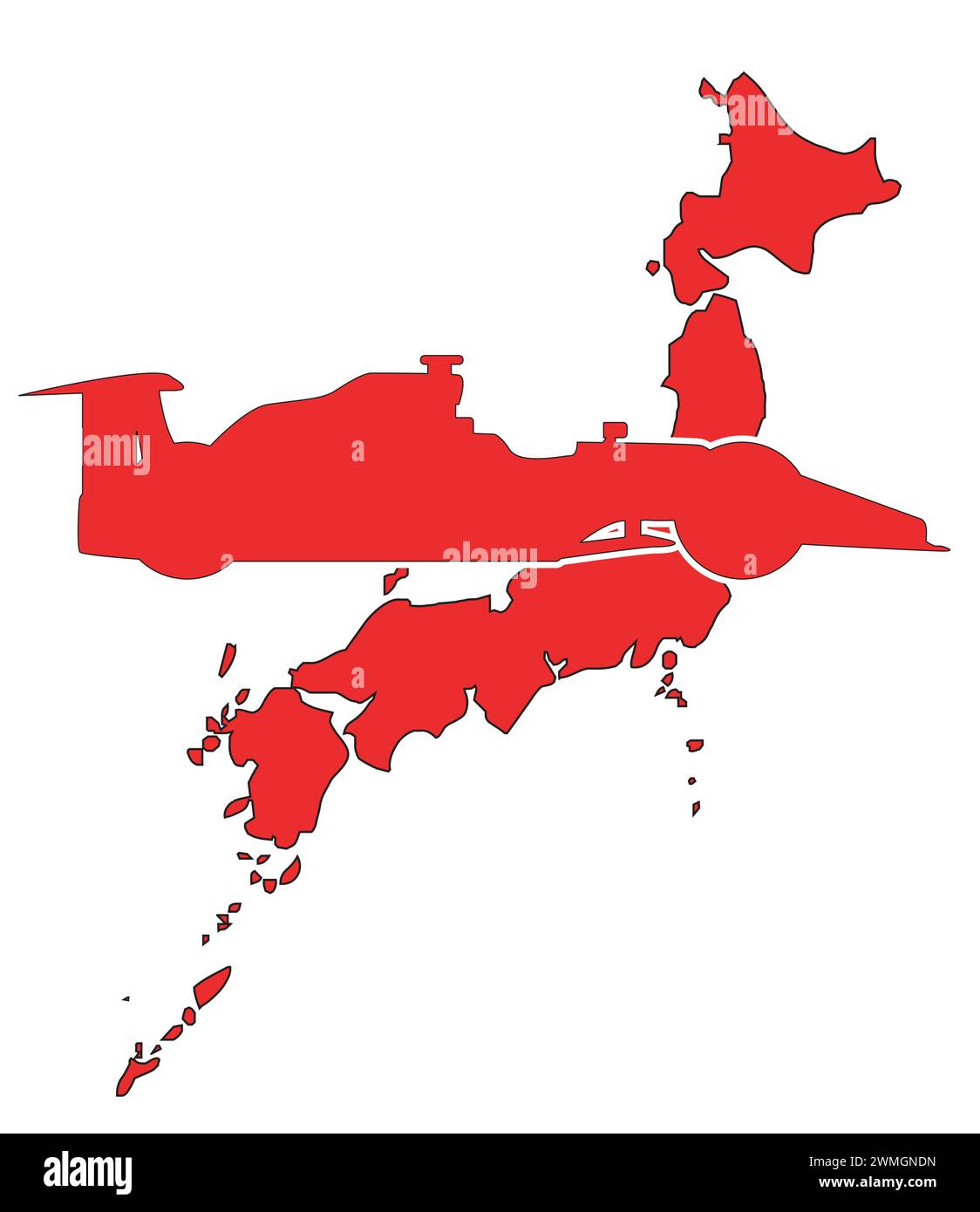 A silhouette map of Japan in the colors of the Japanese national flag ...