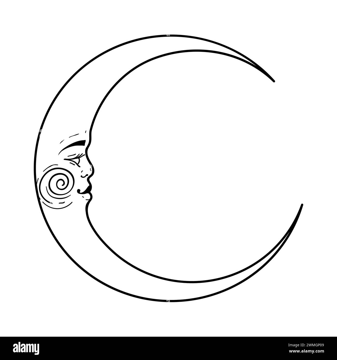 Crescent moon with a man s face, mystical celestial tattoo, magical symbol of astrology and tarot, embroidery pattern, horoscope icon. Vector illustra Stock Vector