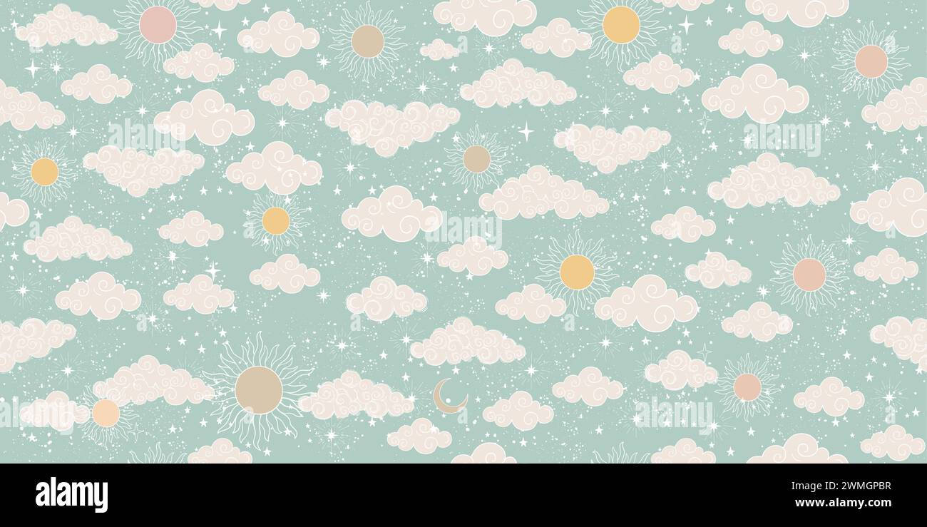 Seamless celestial pattern with sun, moon, stars and clouds. Cute ...