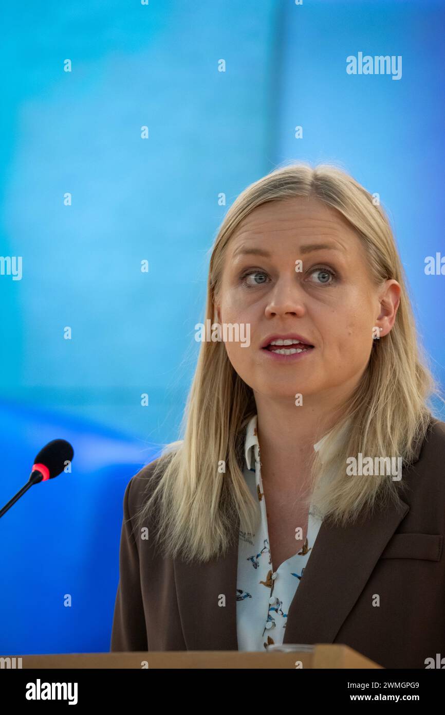 Geneva, Switzerland. 26th Feb, 2024. © Jean Marc Ferré/MAXPPP - Geneva 26/02/2024 Elina Valtonen, Minister for Foreign Affairs of Finland during the High-Level Segment of the 55th session of the Human Rights Council at the United Nations in Geneva. 26 february 2024. Photo Jean Marc Ferré/MAXPPP Credit: MAXPPP/Alamy Live News Stock Photo