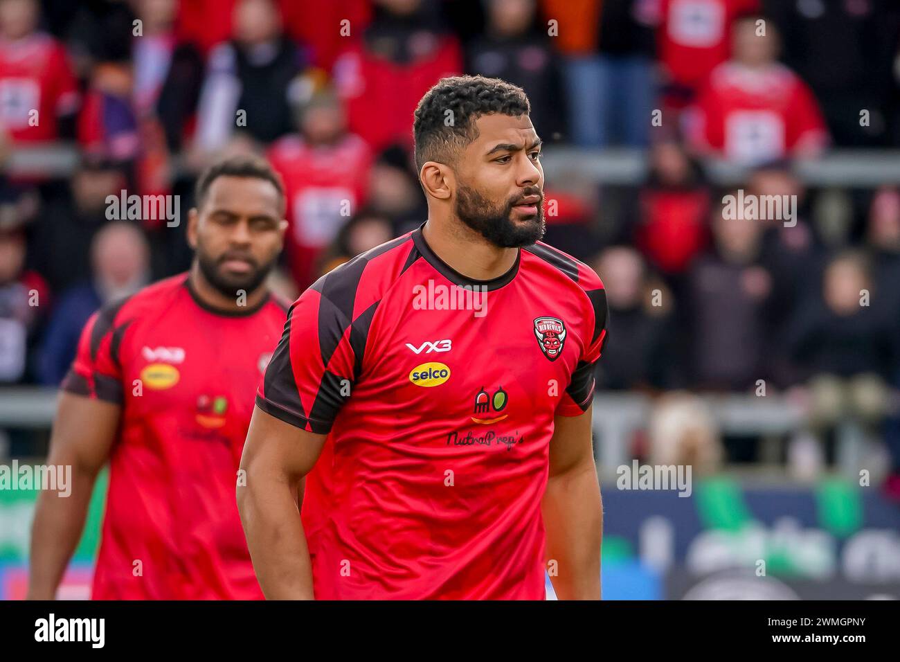 KALLUM WATKINS pre game warm up. Salford Red Devils Vs Castleford Tigers Betfred Super League Round 2, Salford Community Stadium, 25th February 2024. Credit: James Giblin/Alamy Live News. Stock Photo