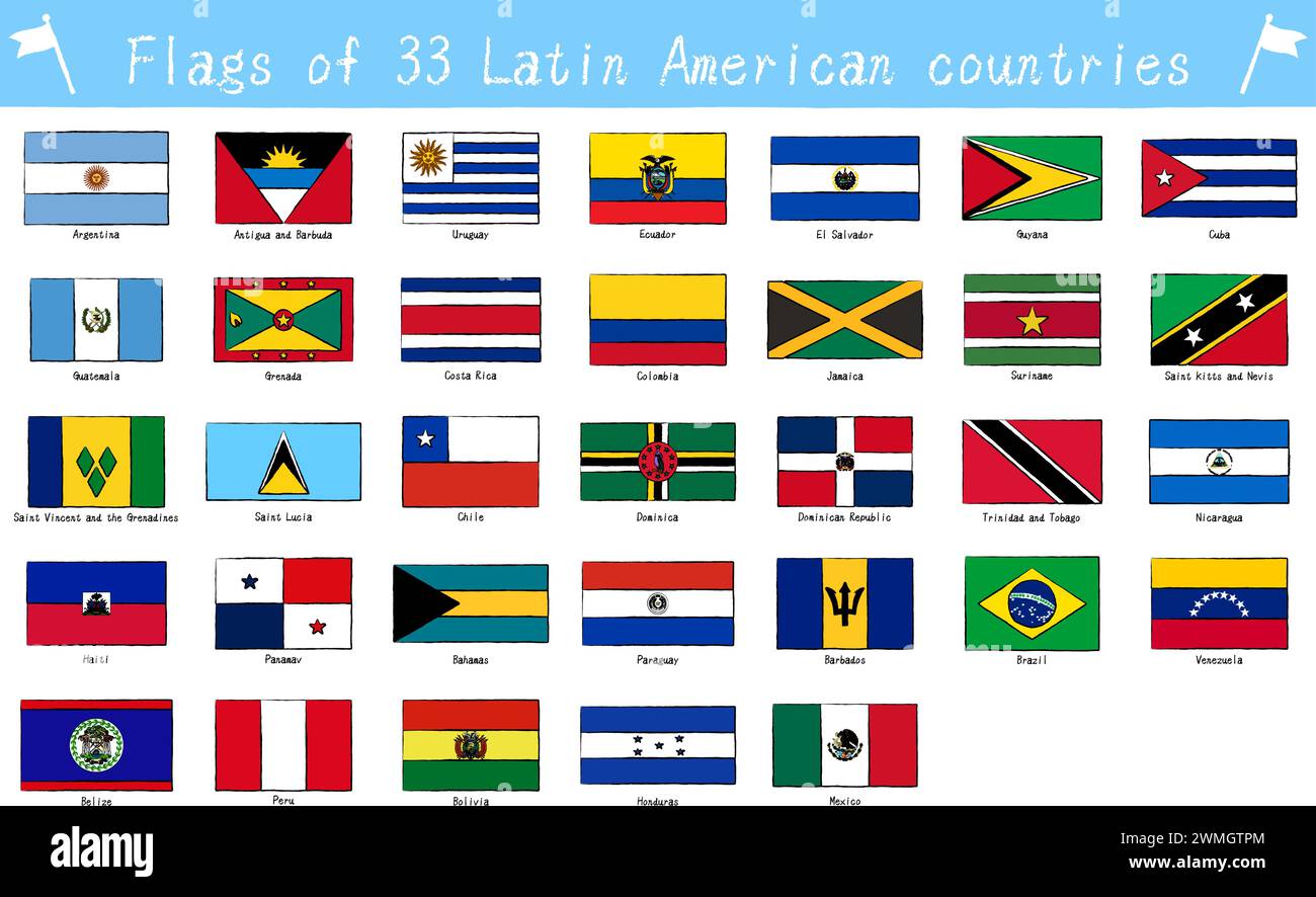 Flags of the world, set of 33 countries of Latin America, hand-painted style, Vector Illustration Stock Vector