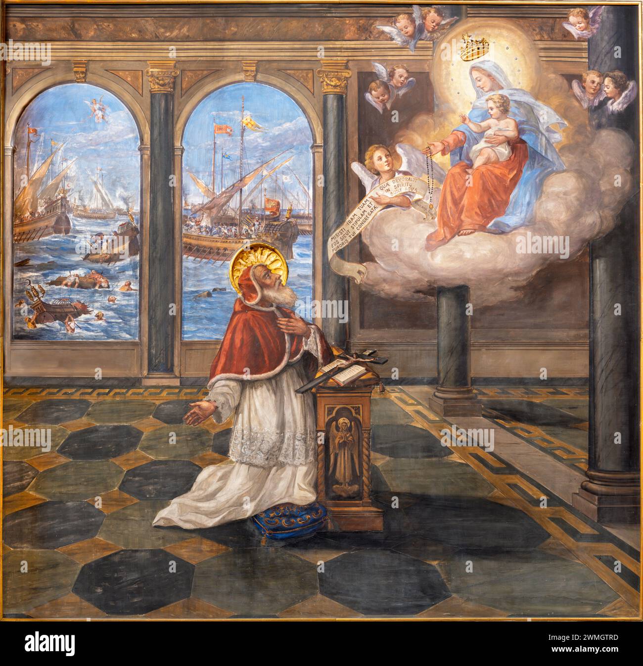 BARI, ITALY - MARCH 3, 2022: The fresco of Nicholas of Bari with the Madonna in the church Chiesa San Ferdinando by Nicola Colonna (1862 -1948). Stock Photo