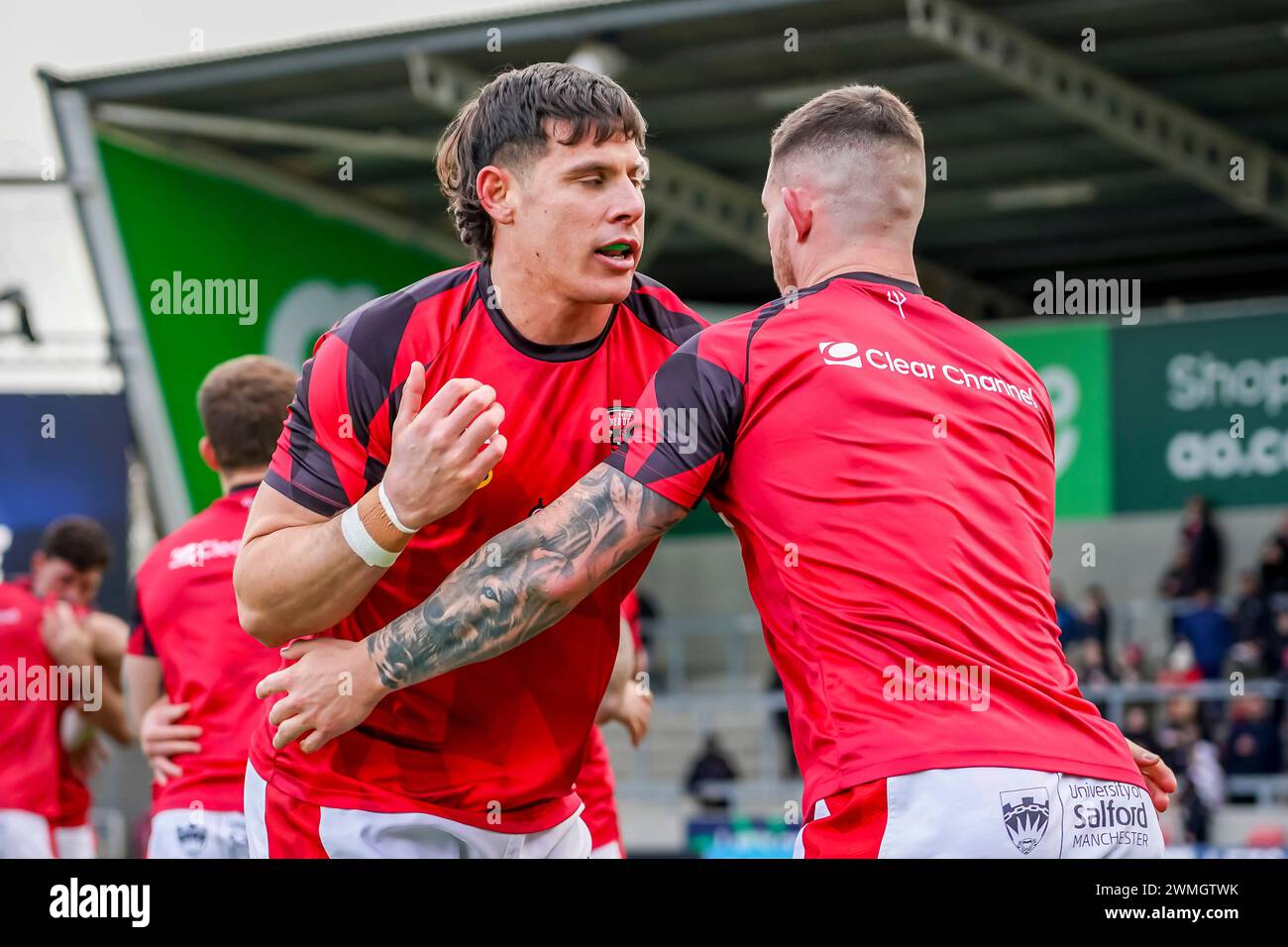 Cade Cust and Shane Wright warm up. Salford Red Devils Vs Castleford Tigers Betfred Super League Round 2, Salford Community Stadium, 25th February 2024. Credit: James Giblin/Alamy Live News Stock Photo