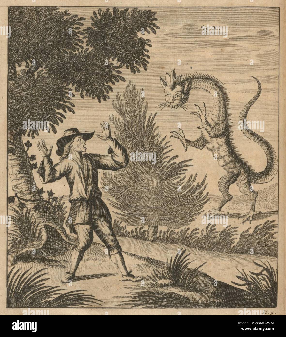 A traveller encounters a Tatzelwurm in the Swiss Alps. Engraving from Johann Jacob Scheuchzer's 'Itinera Alpina,' 1723. Stock Photo