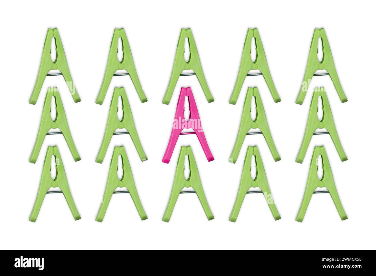 Green and pink household сlothes pins isolated on white background