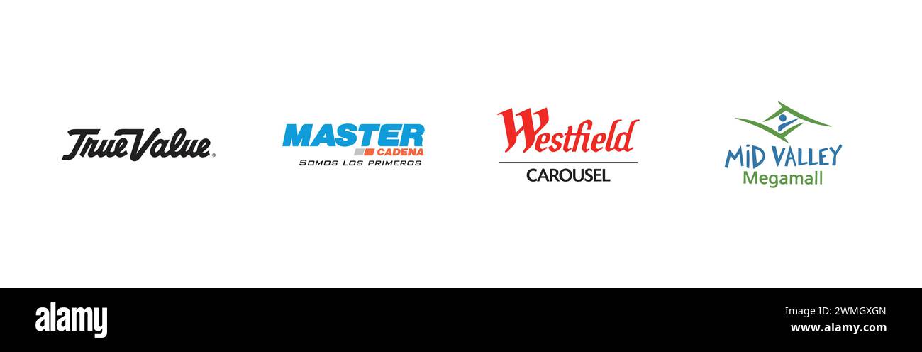 Mid Valley Megamall, Westfield Carousel , Master Cadena, True Value. Popular brand logo collection. Stock Vector