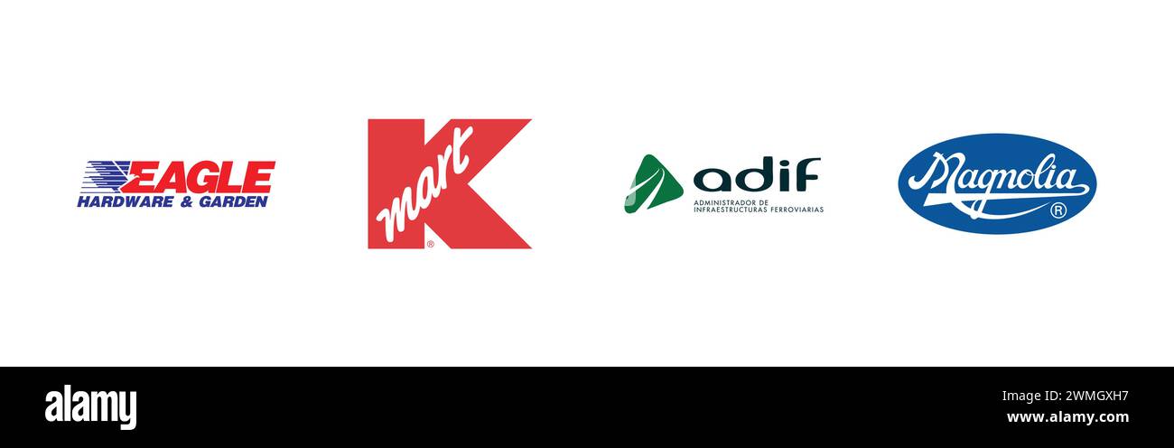 Magnolia, K-Mart, Eagle Hardware & Garden, ADIF. Popular brand logo collection. Stock Vector