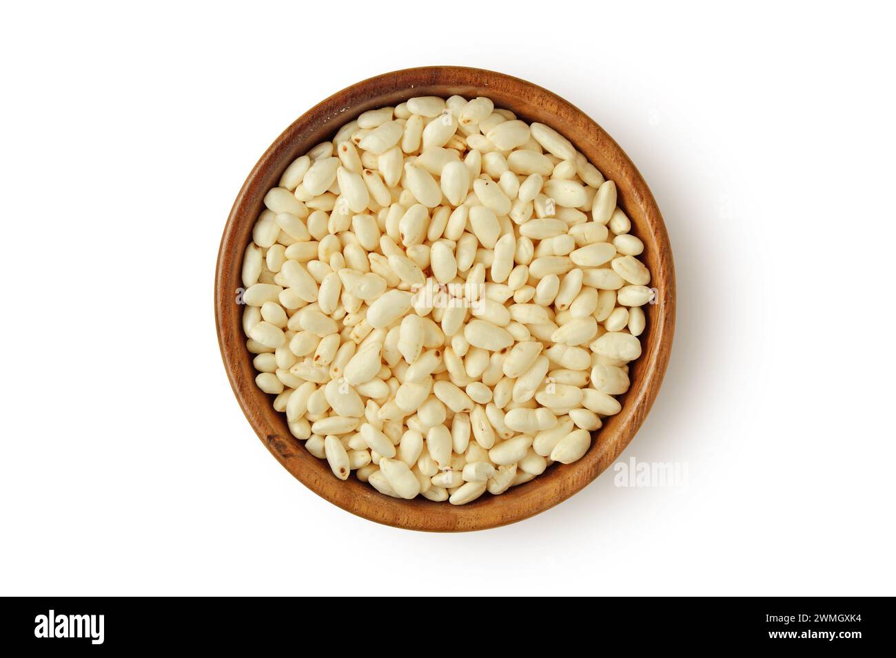 Puffed rice in wooden bowl on white background Stock Photo
