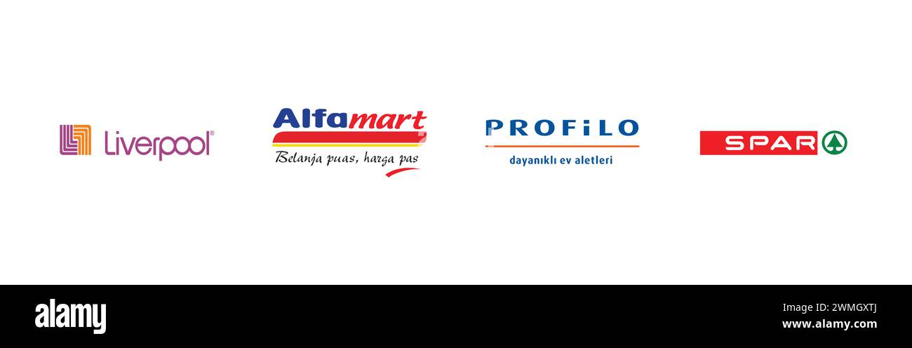 Alfamart, Liverpool, Spar, Profilo. Popular brand logo collection. Stock Vector