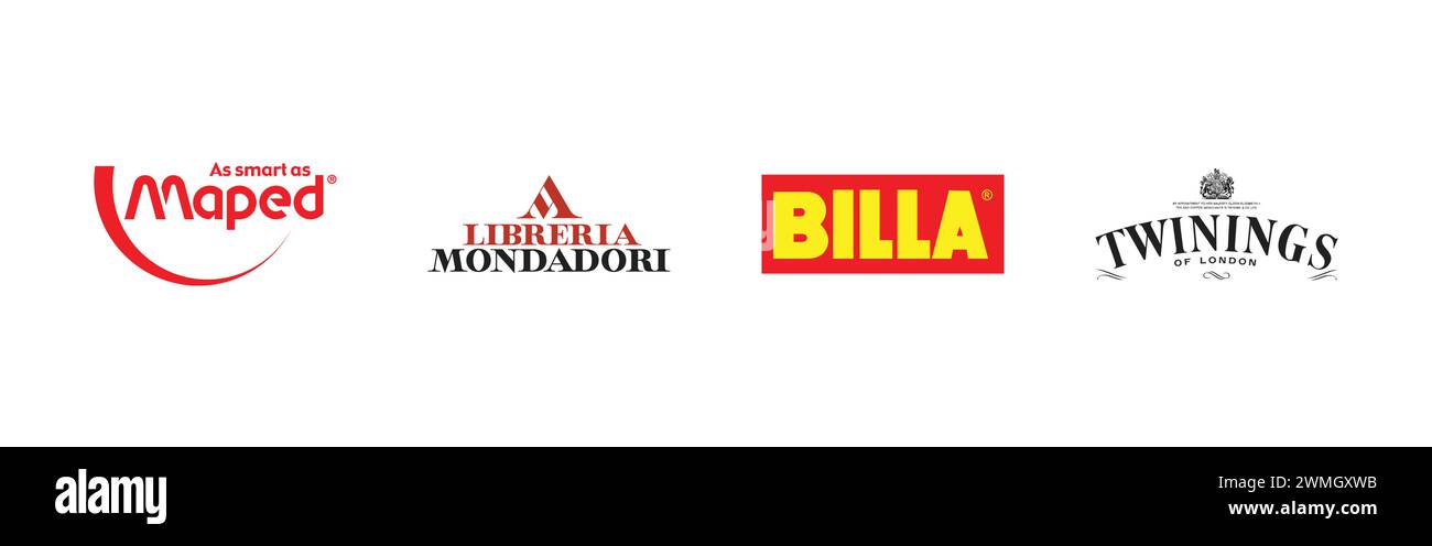 Billa, Twinings of London, Libreria Mondadori, Maped. Popular brand logo collection. Stock Vector