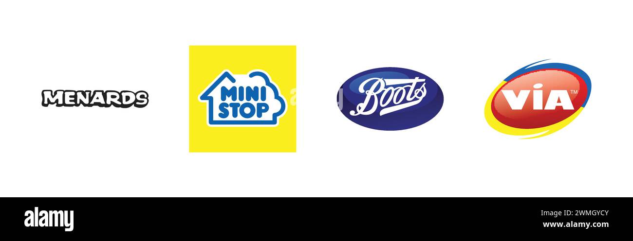 Via, Menards, boots, Mini Stop. Popular brand logo collection. Stock Vector