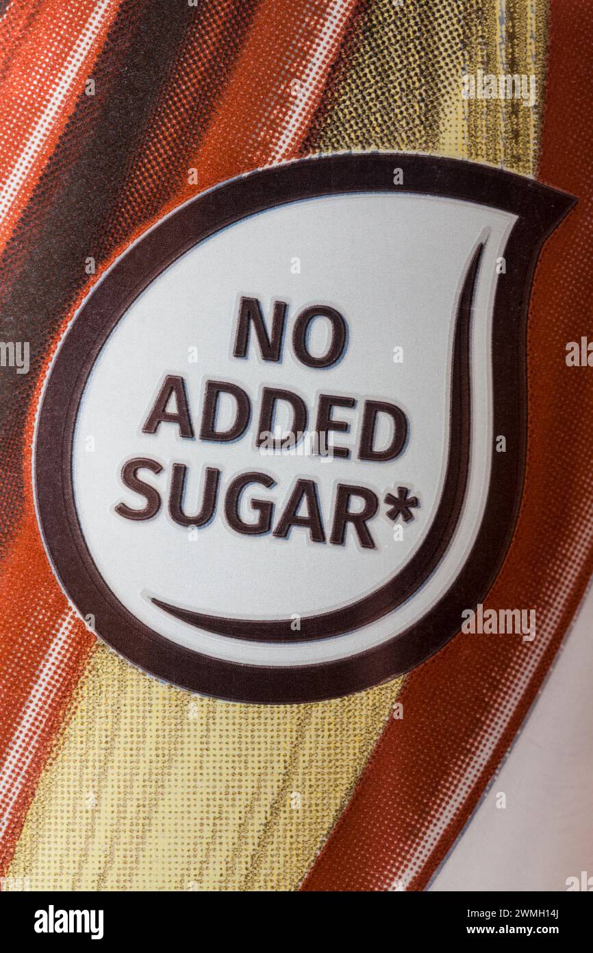 No added sugar - detail on can of Galaxy Milk Drink - chocolate and malt flavour milk drink with sweeteners Stock Photo