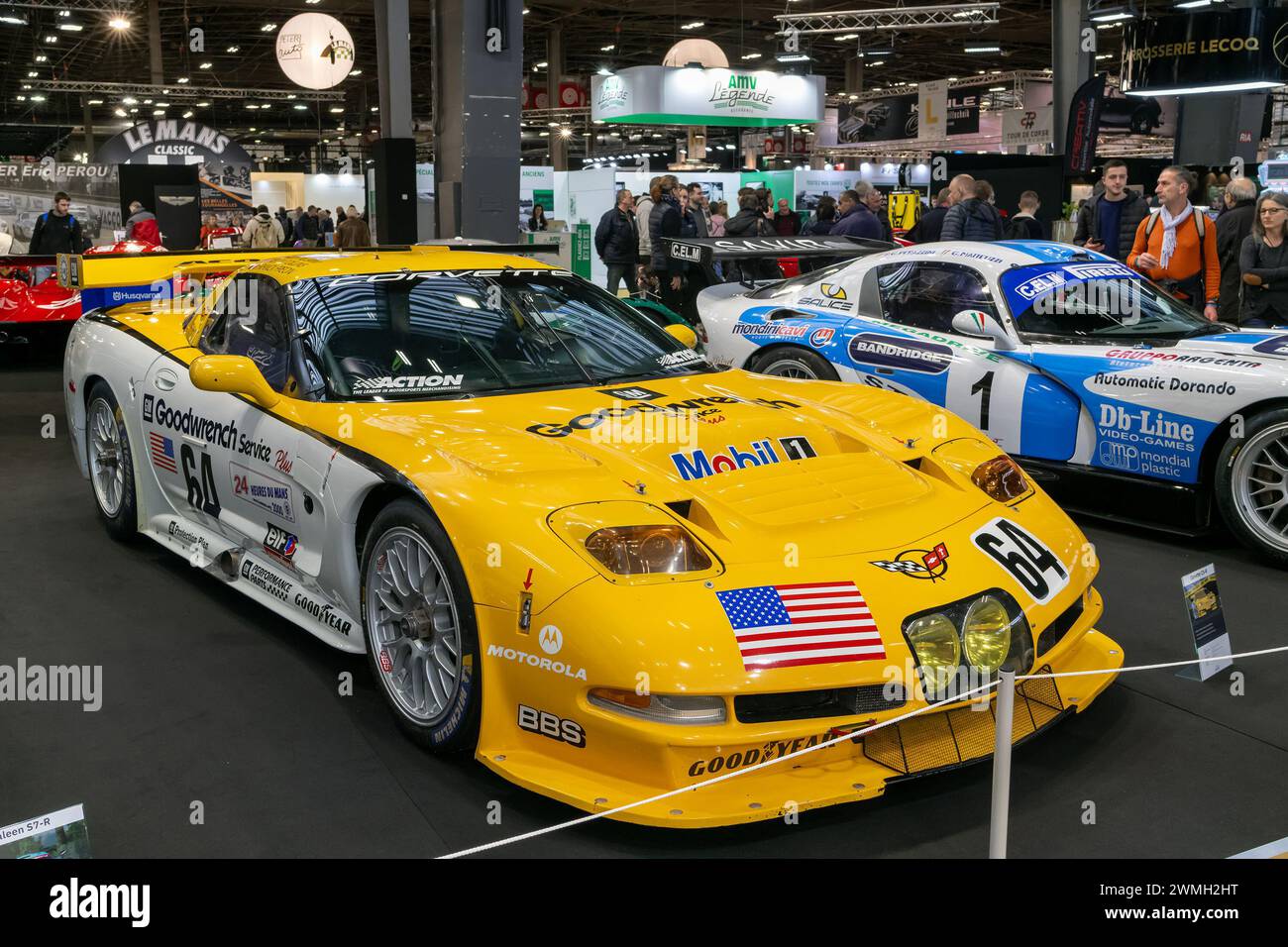Paris, France - Rétromobile 2023. Focus on a yellow 1999 Chevrolet Corvette C5-R. Stock Photo