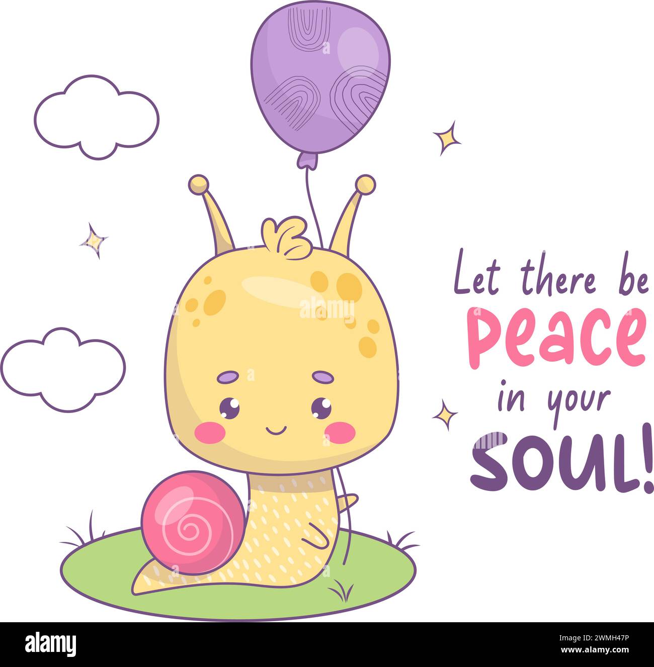 Funny small snail character with balloon. Comic kawaii insect in trendy style. Cool vector illustration with slogan. Kids collection Stock Vector