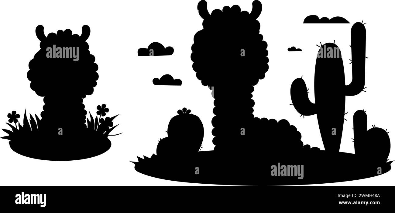 Silhouette animal. Llama Alpaca with cacti and clouds and sheep in grass with flowers. Black hand drawn. Vector illustration Stock Vector