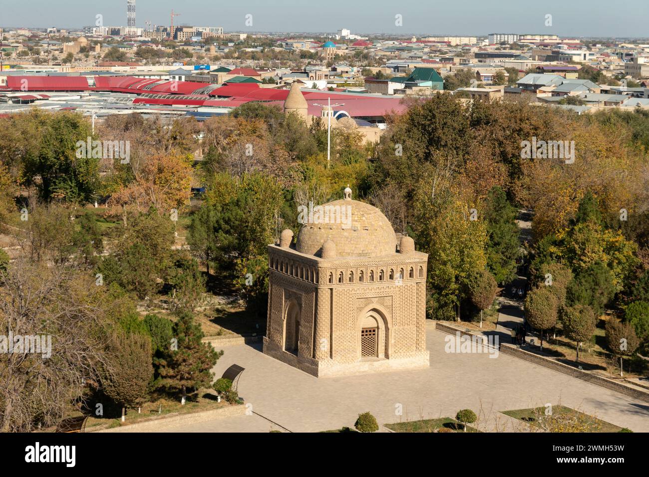 The Samanid mausoleum is located in the historical urban nucleus of the city of Bukhara, Uzbekistan. top view from above, Stock Photo