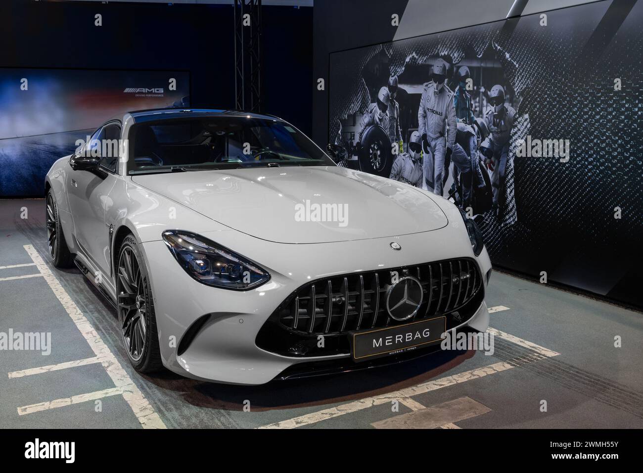 Luxembourg City, Luxembourg - Focus on an Alpine Grey Mercedes-AMG GT in a showroom. Stock Photo