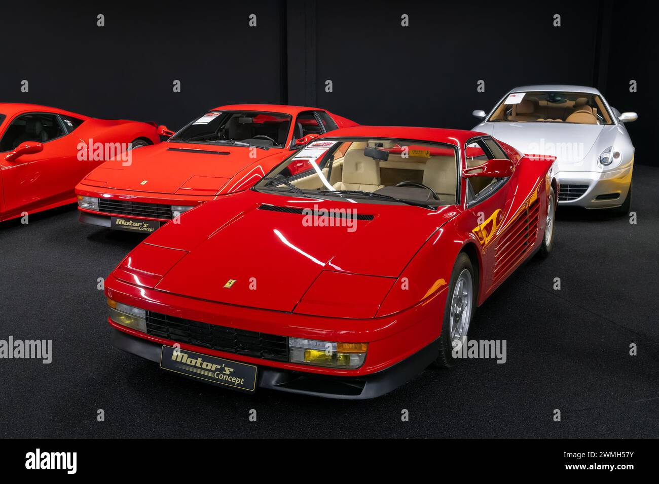 Luxembourg City, Luxembourg - Focus on a red Ferrari Testarossa in a showroom. Stock Photo