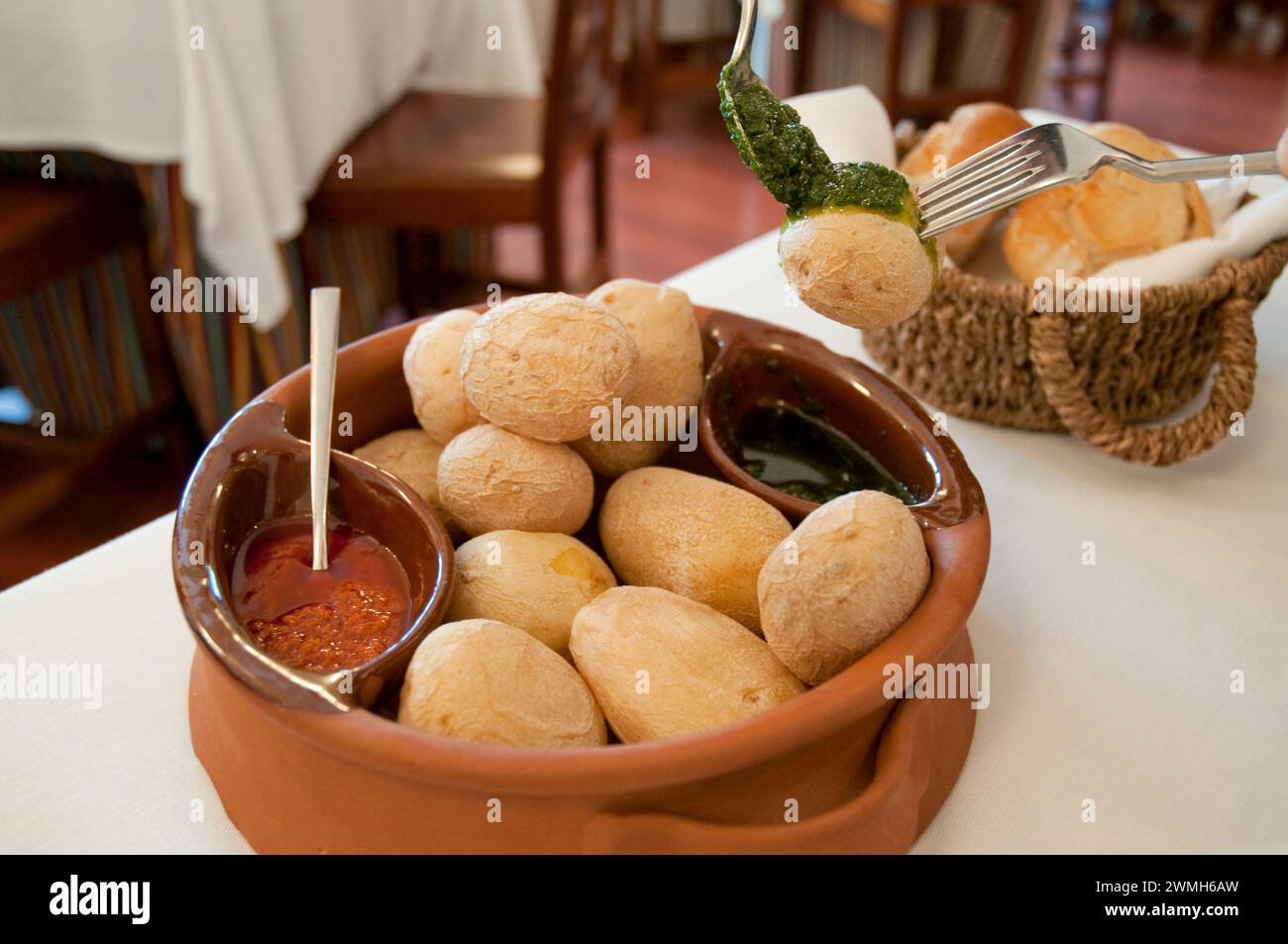 Papas arrugadas with mojo sauce. Canary Islands, Spain. Stock Photo