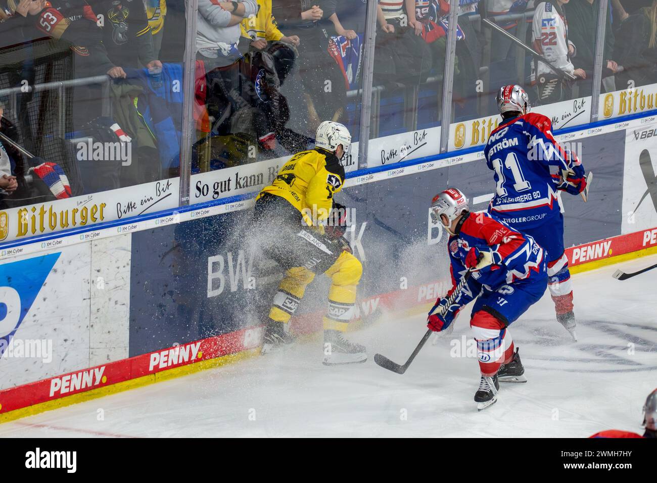 23.02.2024, DEL, Deutsche Eishockey Liga, 48. Spieltag): Adler Mannheim (Gelbe Trikots) gegen Nürnberg Ice Tigers (Blaue Trikots), 3:2 nach Overtime Stock Photo