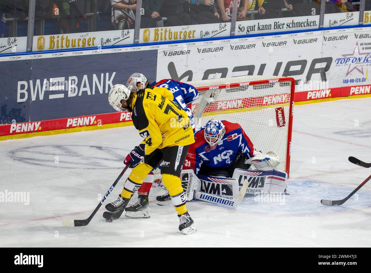 23.02.2024, DEL, Deutsche Eishockey Liga, 48. Spieltag): Adler Mannheim (Gelbe Trikots) gegen Nürnberg Ice Tigers (Blaue Trikots). Gefährliche Situati Stock Photo