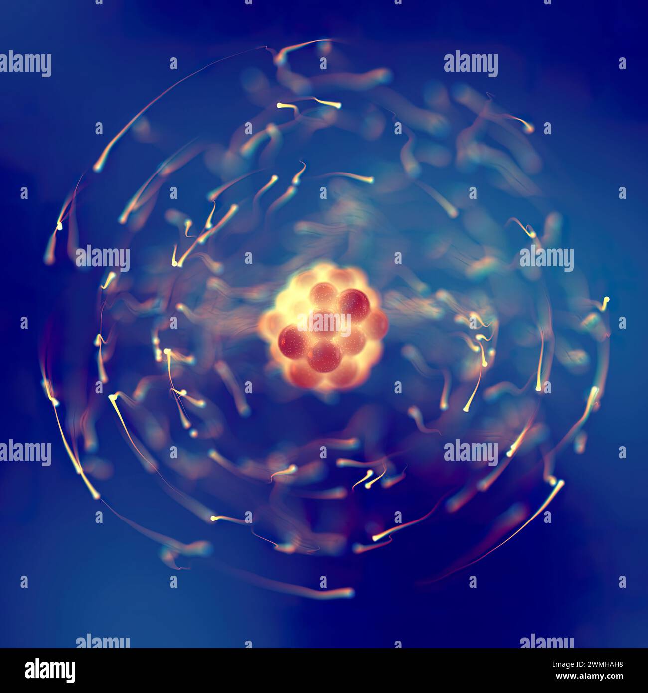 The electron cloud model helps visualize the most probable position of electrons in a atom. Atomic nucleus and electron cloud Stock Photo
