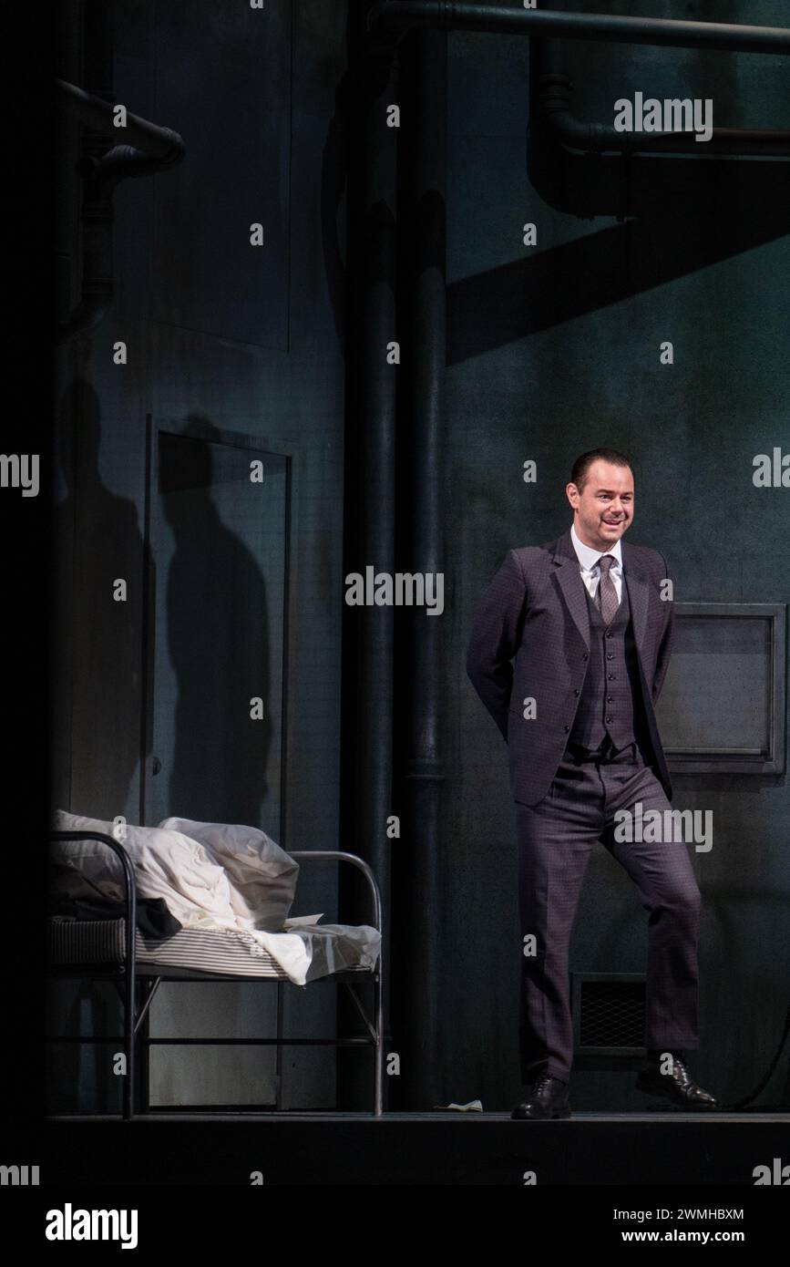 SOAP STAR DANY DYER, PINTER PLAY, LONDON, 2019: Danny Dyer in the early Harold Pinter play The Dumb Waiter (1958) takes a curtain call at the Pinter Theatre in London on 6 February 2019. Photo: Rob Watkins.  INFO: 'The Dumb Waiter' by Harold Pinter is a one-act play that delves into themes of existentialism and absurdity. Set in a basement, it follows two hitmen awaiting their next assignment, navigating cryptic messages from an unseen employer, leading to tension and existential questioning. Stock Photo