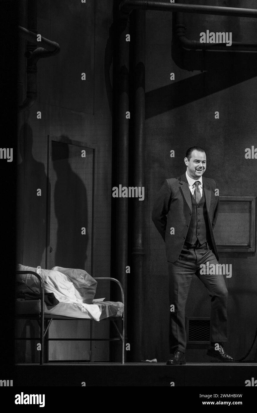 SOAP STAR DANY DYER, PINTER PLAY, LONDON, 2019: Danny Dyer in the early Harold Pinter play The Dumb Waiter (1958) takes a curtain call at the Pinter Theatre in London on 6 February 2019. Photo: Rob Watkins.  INFO: 'The Dumb Waiter' by Harold Pinter is a one-act play that delves into themes of existentialism and absurdity. Set in a basement, it follows two hitmen awaiting their next assignment, navigating cryptic messages from an unseen employer, leading to tension and existential questioning. Stock Photo