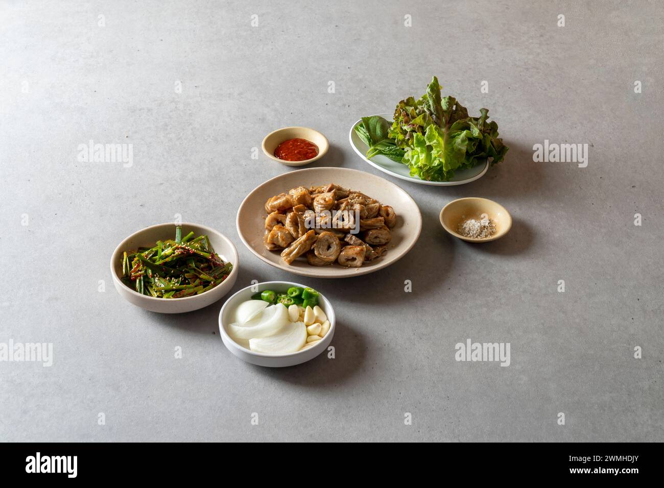 Korean food dish Grilled beef entrails with salt Grilled beef entrails