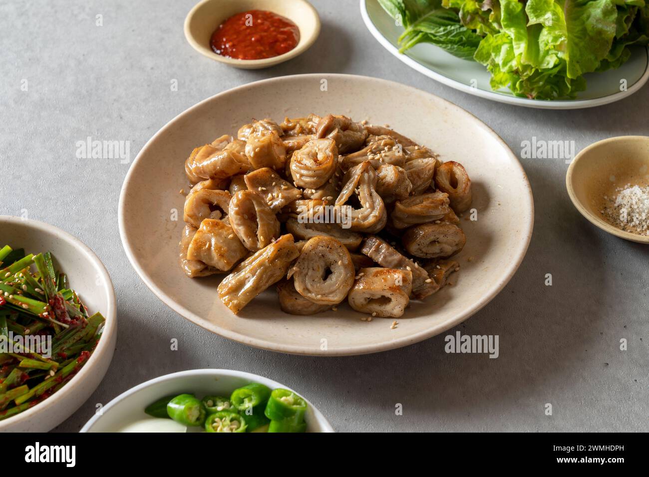 Korean food dish Grilled beef entrails with salt Grilled beef entrails