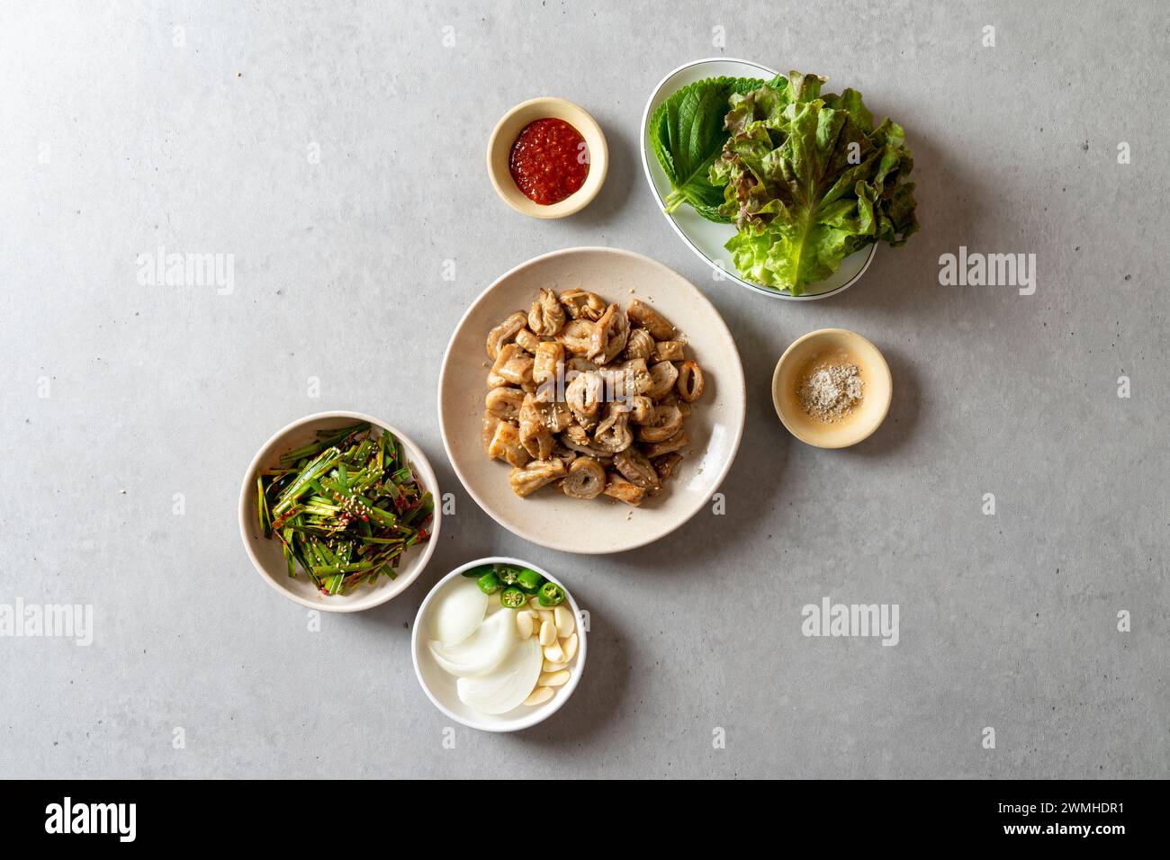 Korean food dish Grilled beef entrails with salt Grilled beef entrails